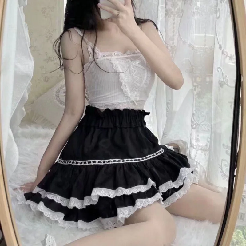 Lace Ruffles Women High Waist Tutu A-line Skirt Black Cake Skirts Elastic Waist Lolita Sweet Cute Preppy Style Fashion Summer elegant girls shoes women fashion low heel bow buckle strap platform lace ruffles cosplay lolita mary janes school shoes 32 43