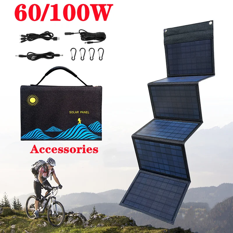 

60W/100W Solar Panel Folding Bag 4/6 Fold USB+DC Output Solar Charger Outdoor Power Supply for Mobile Phone Power Generator