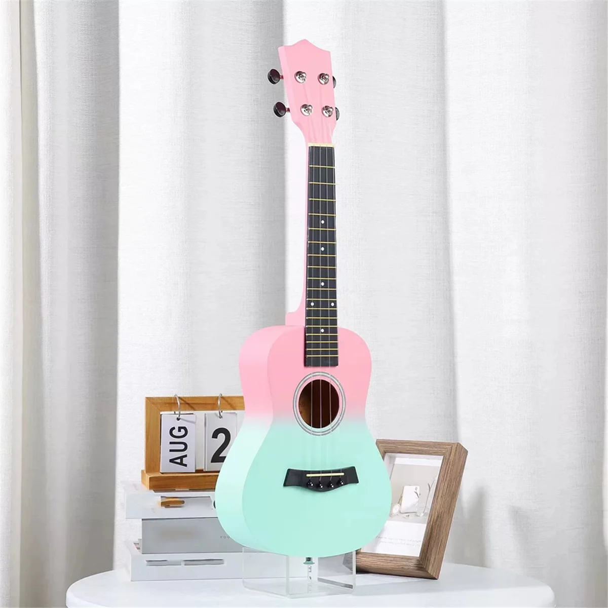 ABHT-23 Zoll zweifarbige Mini-Gitarre aus Holz, viersaitige Ukulele, Ukulele, Mini-Gitarre, zweifarbige Holzgitarre mit Farbverlauf – Detail 7