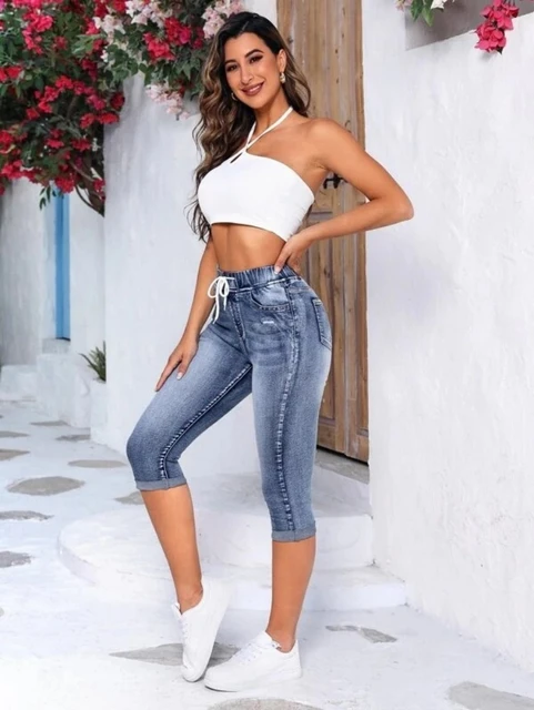 Calça jeans feminina de cintura elástica, com estiramento alto