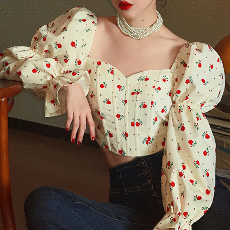 Blusa corta elegante con estampado floral de rosas para mujer, estilo coreano, de manga larga, con hombros descubiertos y mangas abullonadas, nueva