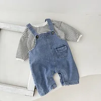 2024 New Autumn Baby Strap Pants Toddler Boys Loose Fit Blue Rompers Infant Girls Outwear Denim Blue Trousers 3
