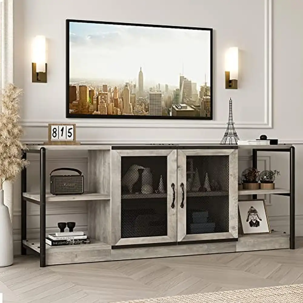 

Industrial TV Stand with Mesh Door and Storage Shelves 70 inch TV Rustic Media Console Table Living Room Entertainment Center