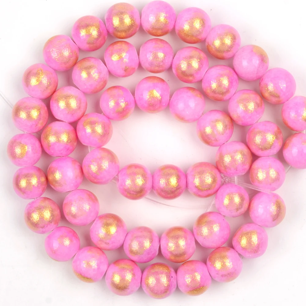 White Red Gold Plated Jade Round Natural Stone Beads for Jewelry Making and DIY Accessories