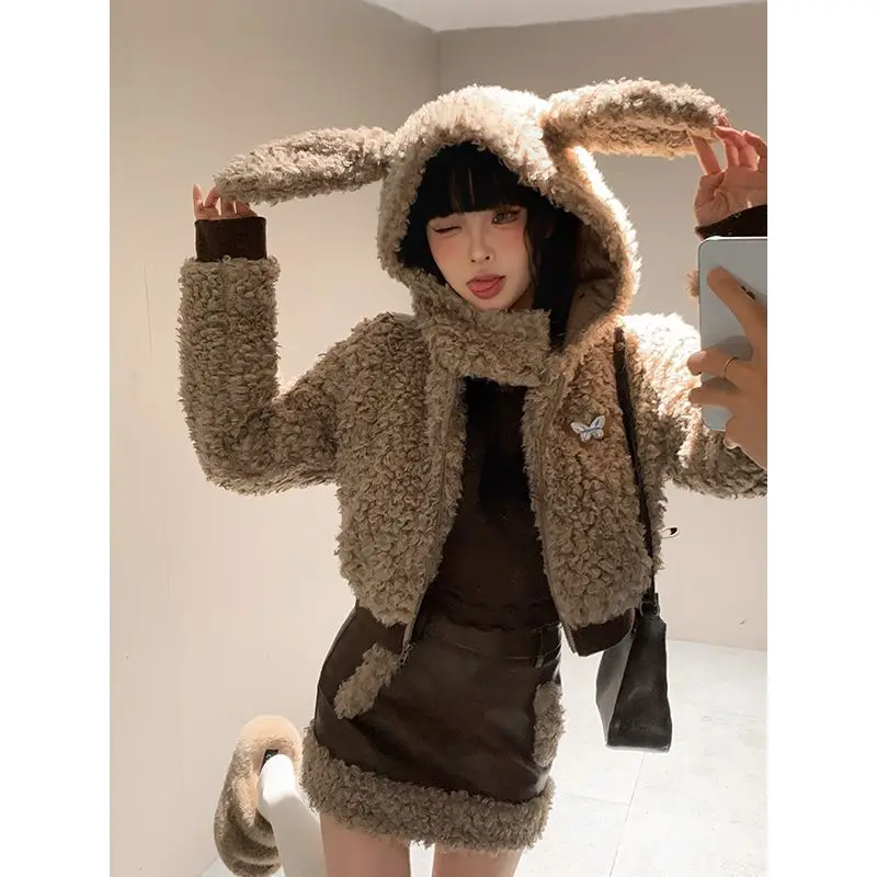 

Autumn winter imitation sherpa thickened warm fashionable plush jacket sweet girly style skirt Japanese style cute bunny ears