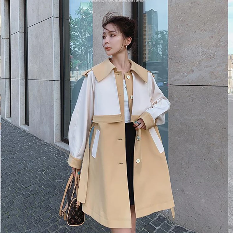 

2023 Fashion Paneled Colour Trench Coat Women Plus Size Double Breasted Windbreaker Student Casual Top Loose Thin Outwear