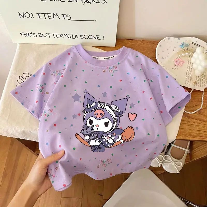 

1 2Pcs Kuromi Girl T-Shirt Kawaii Sanrio Anime Short Sleeve Summer Sweet Cute Thin Breathable Babys Print Top Tide Gift for Kid
