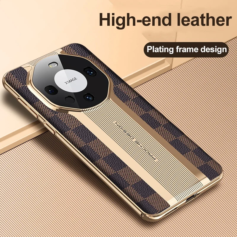 Luxury Checked Leather Phone Case For Huawei Mate 60 Pro 50 Pro 40 Pro 30 Pro Shockproof Protective Cover Lens Glass Film