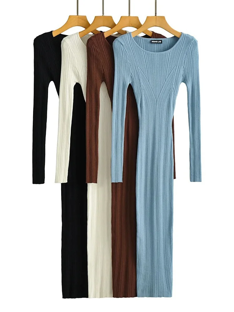 Autumn Fashion Slim Long Dress Female Knitwear Slim High Waist Patchwork Long Sleeve Elegant Party Dress Ladies Knit Dress