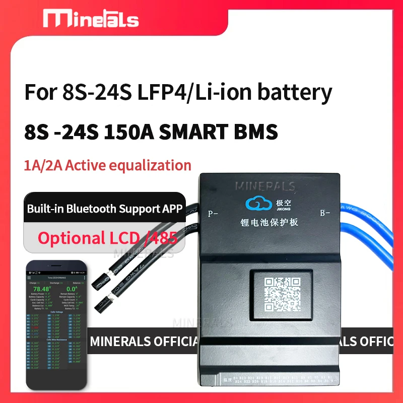 Jikong 스마트 지지대 블루투스 리튬 이온 배터리, 액티브 이퀄라이제이션, 8S-24s, 24V, 48V, LFP4, 14S, 16S..
