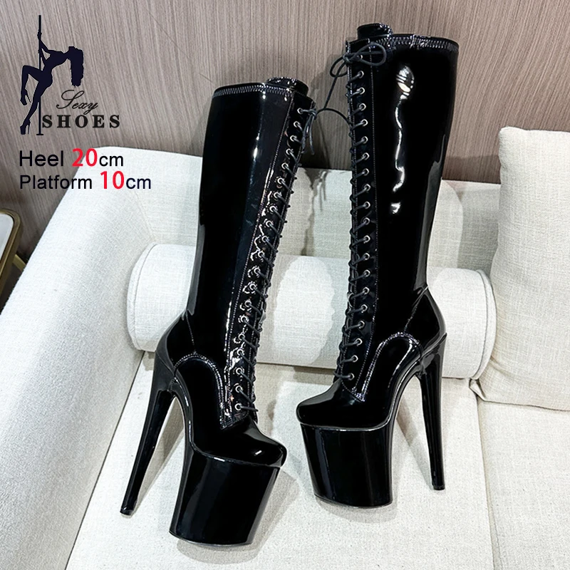 Extreme high heel 20CM/8Inch With Platform Black Lace up Knee Boots Women Sexy Fetish High Boots Pole Dance Shoes Big Size 43 44