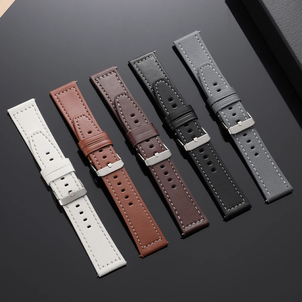 Premium Leather Quick Release Watch Band Straps with Pin Buckle - Black, Brown, White, Grey