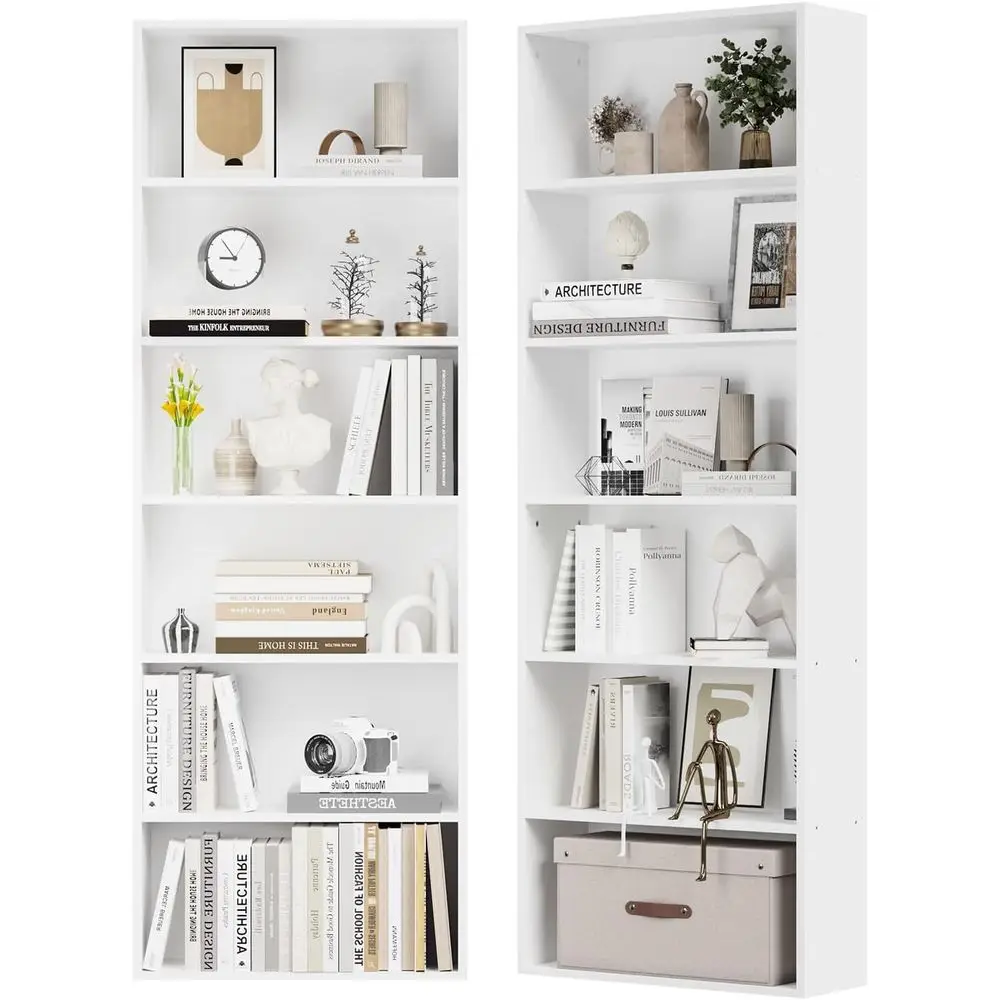 6-Tier Tall White Bookcase Open Display Storage Rack Floor Standing for ...