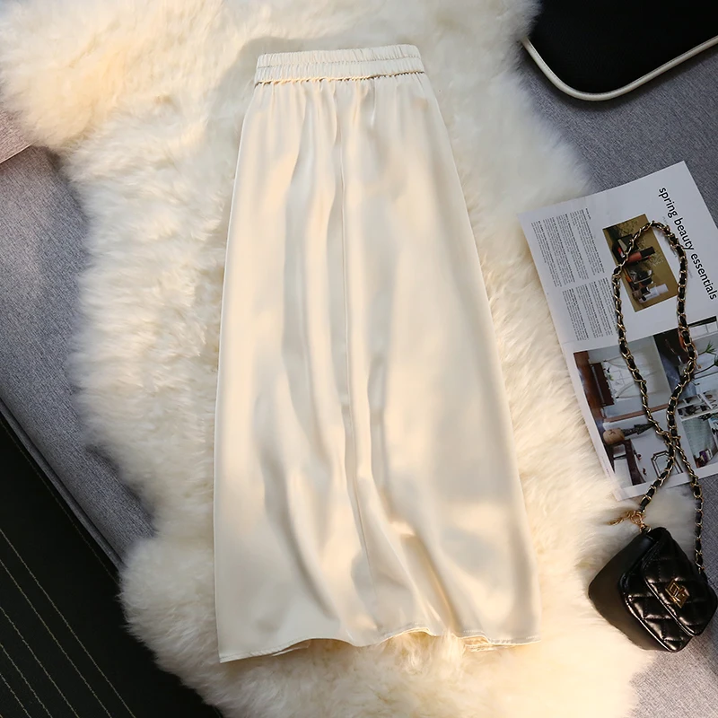 Silk Satin Long Skirts for Women 4 Seasons Elegant Female Midi A Line Skirt Side Zipper Back Elastic Band Fashion Skirt long skirts for women