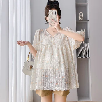 2025 Sweet V-neck Pregnancy Floral Shirts Summer Fashion Embroidery Puff Sleeve Pregnant Woman Blouses Loose Maternity Clothes