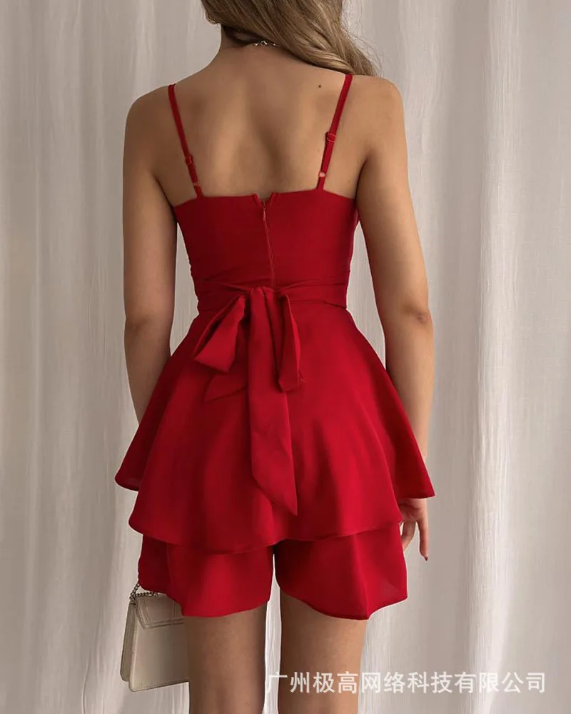 Elegant Woman Jumpsuits 2022 Summer New Red Sling Slim Jumpsuit Ladies Sexy High Waist Ruffle Jumpsuit