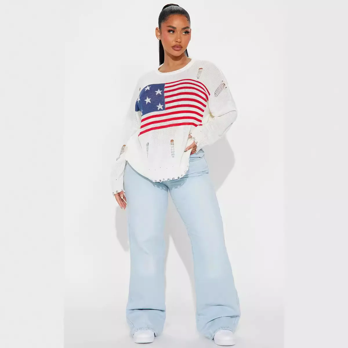 

Y2k свитер с круглым вырезом и длинными рукавами США Жаккардовый трикотажный свитер винтажный Топ оверсайз уличная одежда