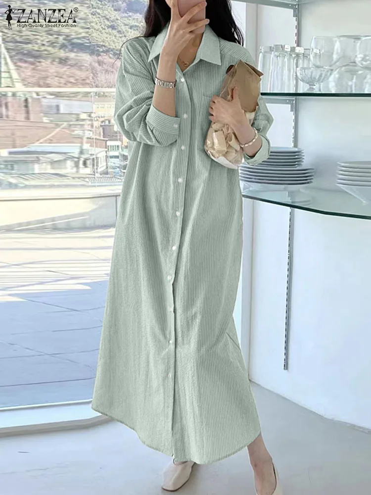

ZANZEA Fashion Striped Shirt Dress Women Summer Sundress Elegant Lapel Neck Long Sleeve Work Vestido Casual Loose Robe Femme