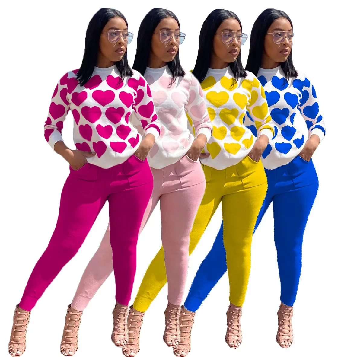 Autumn and Winter Two-piece Casual Round Neck Printing Heart-shaped Jogger Jacket + Pants Suit Ladies Clothing Suit Sportswear