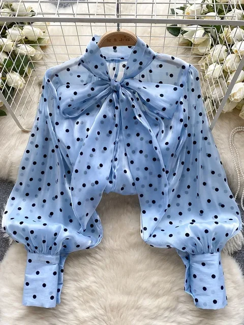 Femmes printemps automne chemise mode français rétro décontracté haut de gamme à pois Blouse avec manches à bulles nœud Design haut S263 1