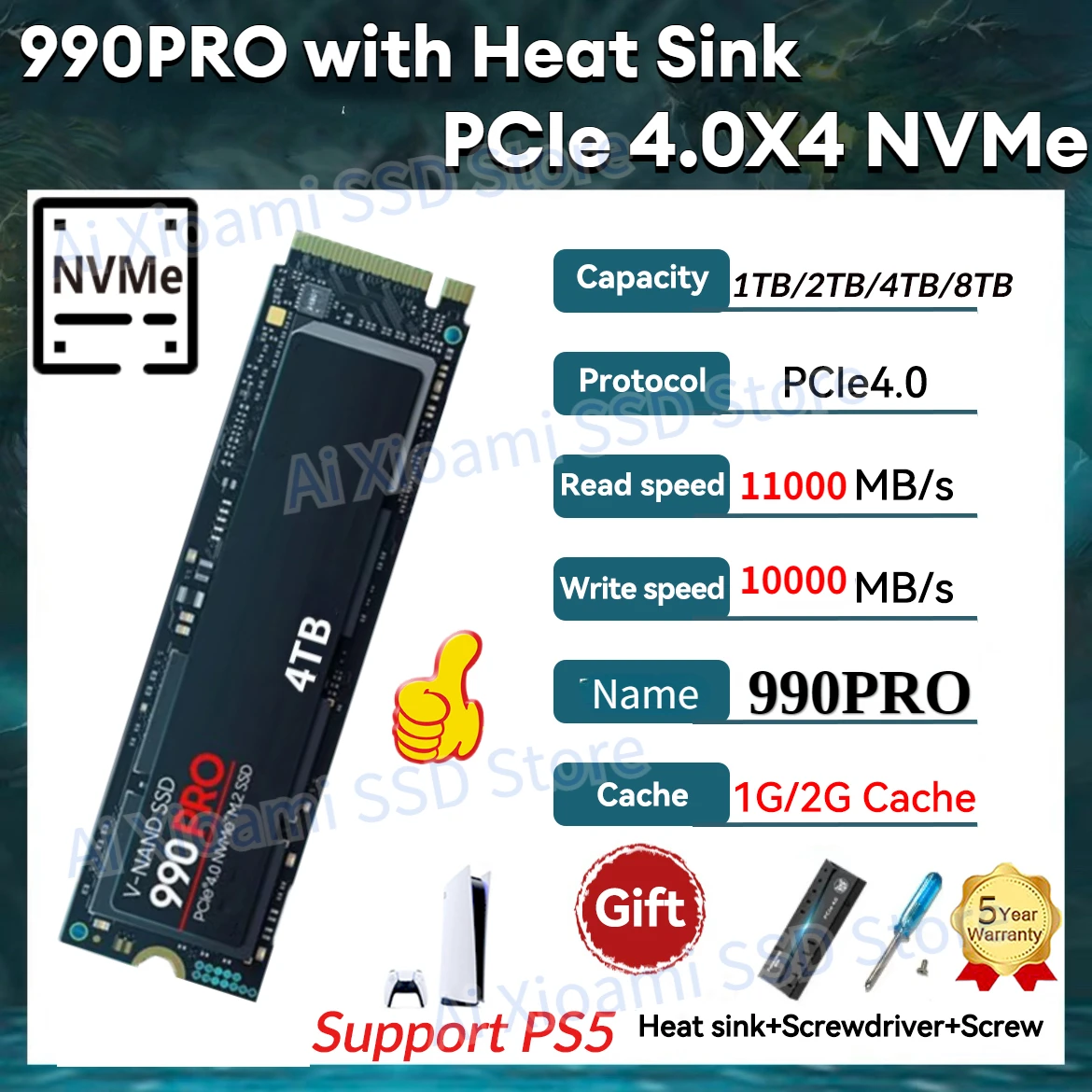 

990Pro M.2 SSD 512GB 1TB 2TB 4TB 13000MB/s with Heatsink PCIe4.0x4 NVMe Hard Disk Internal Solid State Drive for PS5 Desktop PC