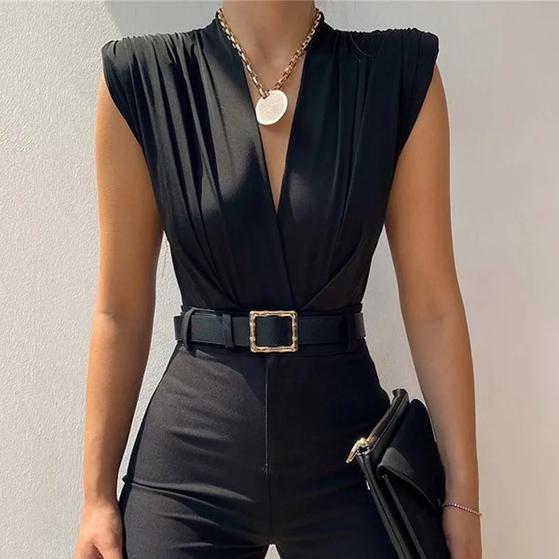 

Women's Summer Short Skinny Playsuit Solid Color Sleeveless Deep V Neck Ruched Bodysuit