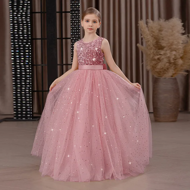 Robe de princesse longue et scintillante pour fille – Jupe complète en tulle avec corsage et nœud en paillettes, robe de demoiselle d'honneur élégante et de récital pour les anniversaires 1