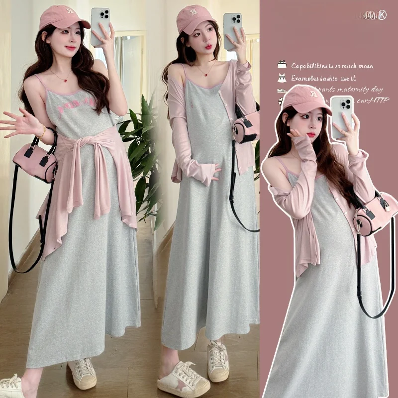 달콤한 임산부 여름 의상 2026 신상 드레스 세트 임산부 오픈 가디건 탑 스트랩 드레스 투피스 세트 편안한 임부복
