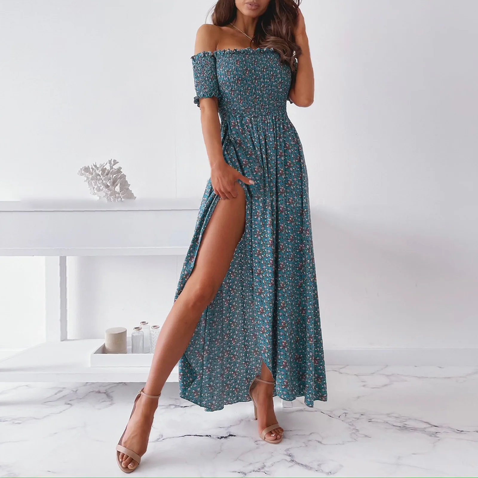 

Sexy Strapless Beach Summer Dress Vintage Sundress Bohemian Maxi Dress Robe Female Boho Floral Women Split Long Dresses Vestidos