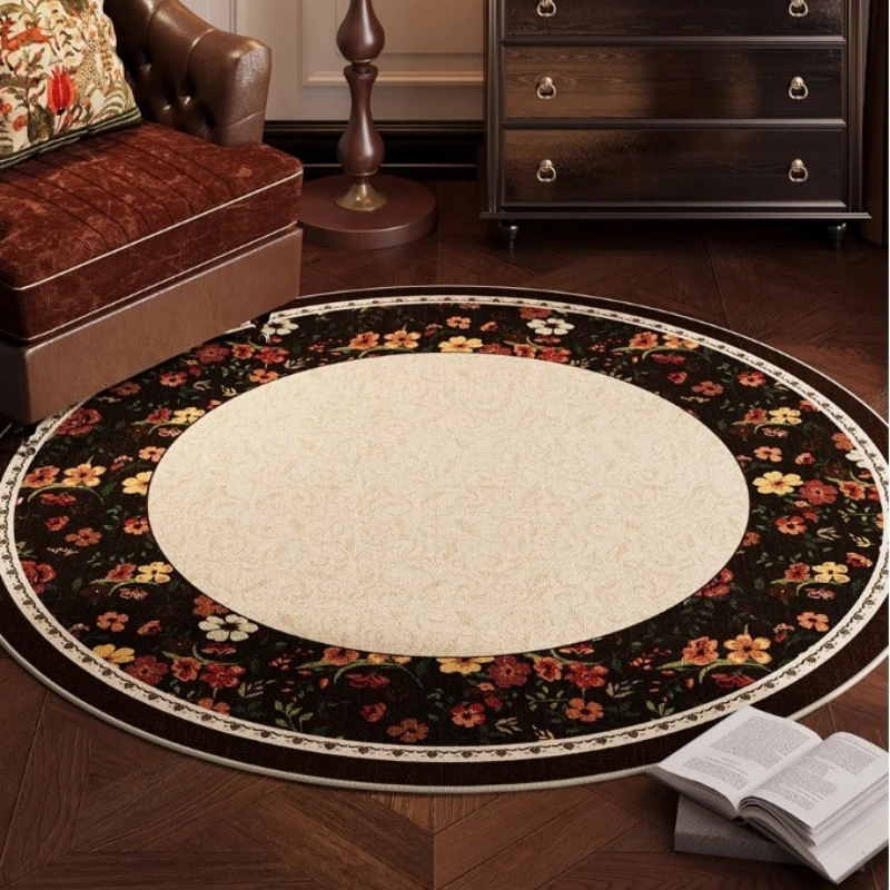 Round Living Room Carpet European Retro Floral Luxury Bedroom Plush Rug Foldable Machine Washable Non-slip Cloackroom Mats Tapis
