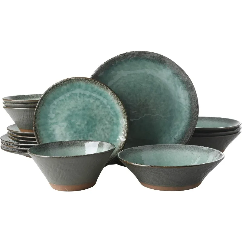 

Gibson Elite Green Lantern Service for 4 (16 Piece) Double Bowl Dinnerware Set, Teal, Soft Gray, Dinnerware Set