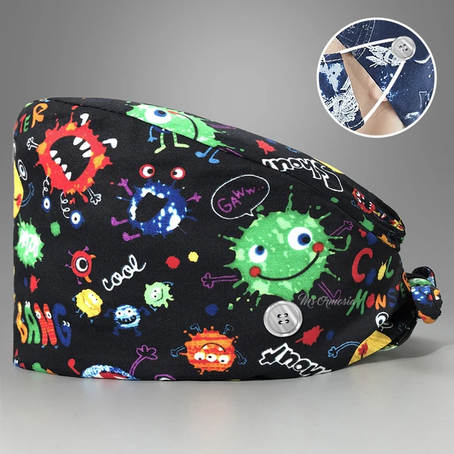 New Fashion Cotton Skull Cartoon Print Hat Adjustable Work Cap Beauty Salon Nursing Cap Male Surgical Hat Wholesale Scrub Caps 22029