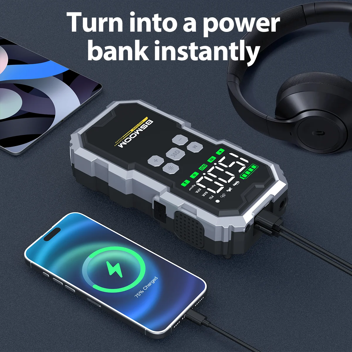 Car Jump Starter Air Pump 150PSI Tyre Compressor 7000A/6000A Starter Device 26800mAh Power bank Cars Battery Starters Starting