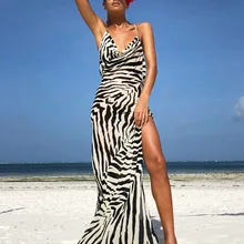 Spaghetti Strap Zebra Summer Maxi Dresses For Women 2022 Sexy Backless Beach Dress Boho Striped Casual Long Dress With Slit