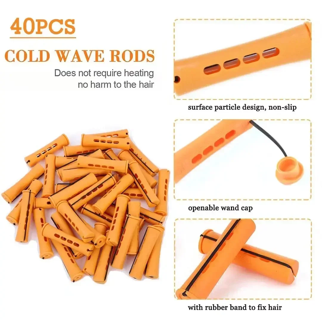 40pcs Cold Wave Perm Rods Set For Women's Long & Short Natural Hair-Plastic Orange Rollers For Curling And DIY Hairdressing