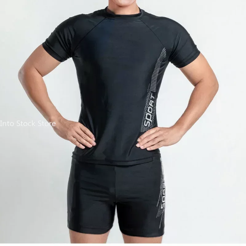 Men Swimsuit O-Neck Short Sleeve Mid-rise Swimming Suit Printing Slim Fit T-shirt Swimming Trucks Set Beachwear 5