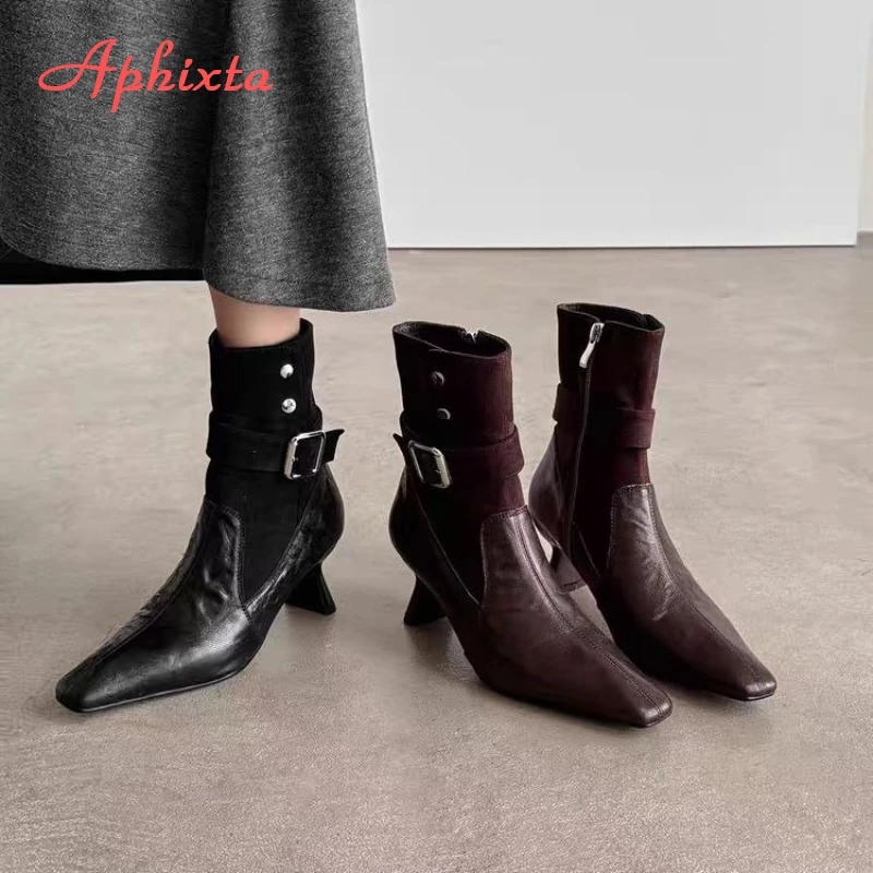 Aphixta High Heels Women Ankle Boots Elegant Metal Decoration Woman Modern Boot Side Zipper Sexy Soft Leather Women's High Boots