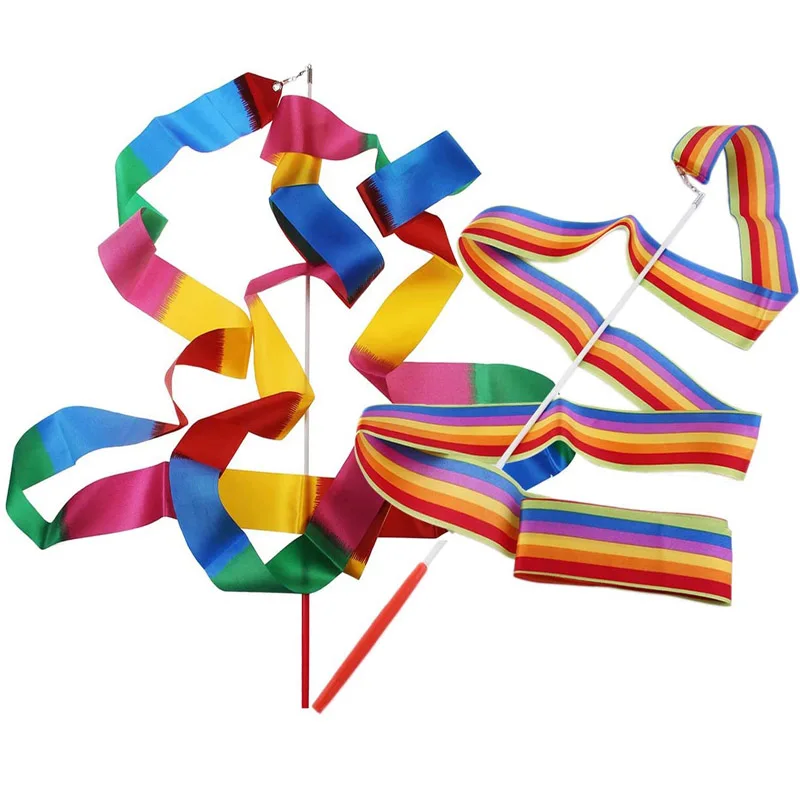 2Pcs 4M Rhythmic Gymnastics Ribbon Stick Twirling Batons Rainbow Streamers Party Games For Children Adults Juegos Divertidos flag pattern ears headband for adults kids children hair accessories football match party props gifts cos hairband head jewelry