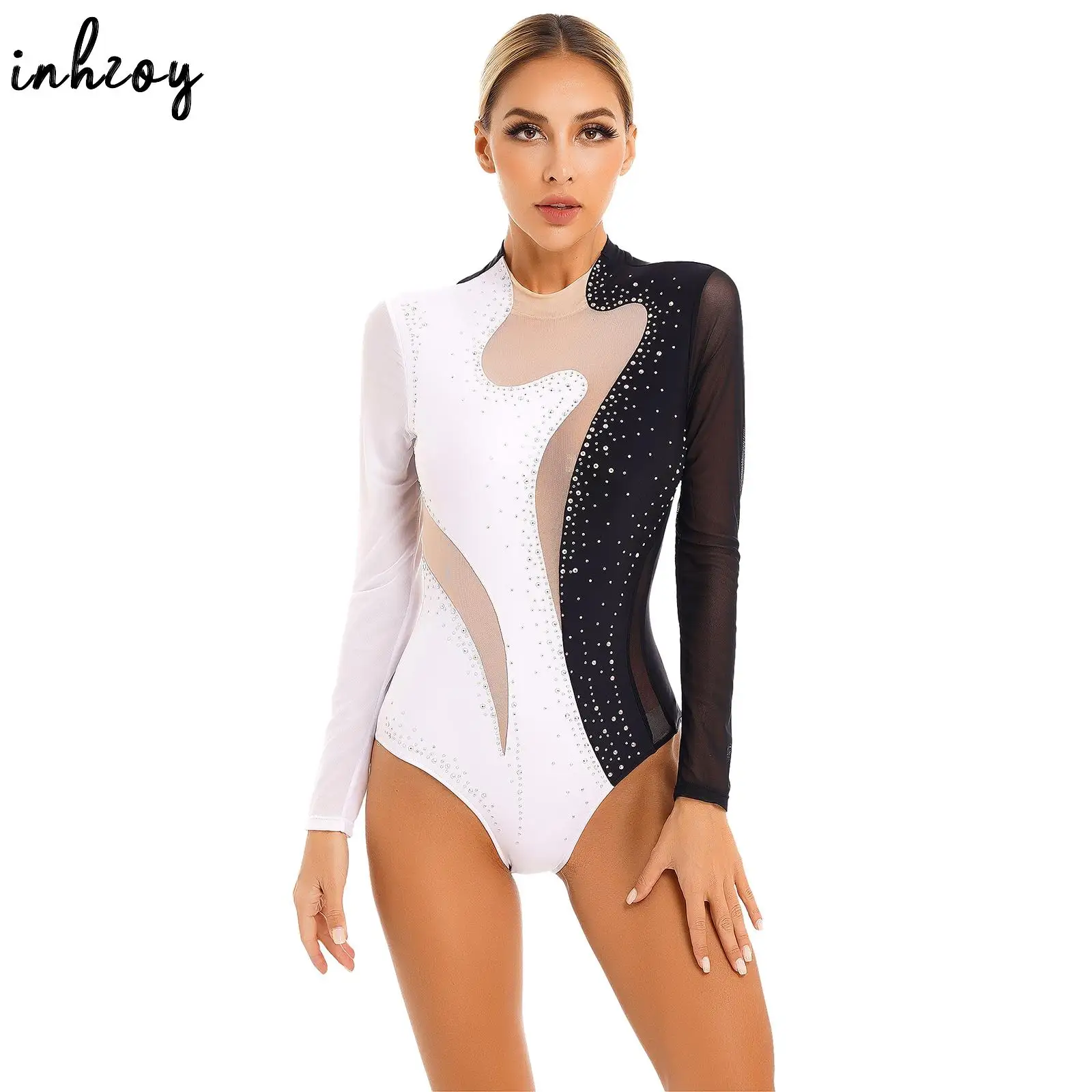 

Womens Acrobatics Gymnastics Leotard Costume Long Sleeve Rhinestone Sheer Mesh Ballet Dance Bodysuit Figure Skating Jumpsuit