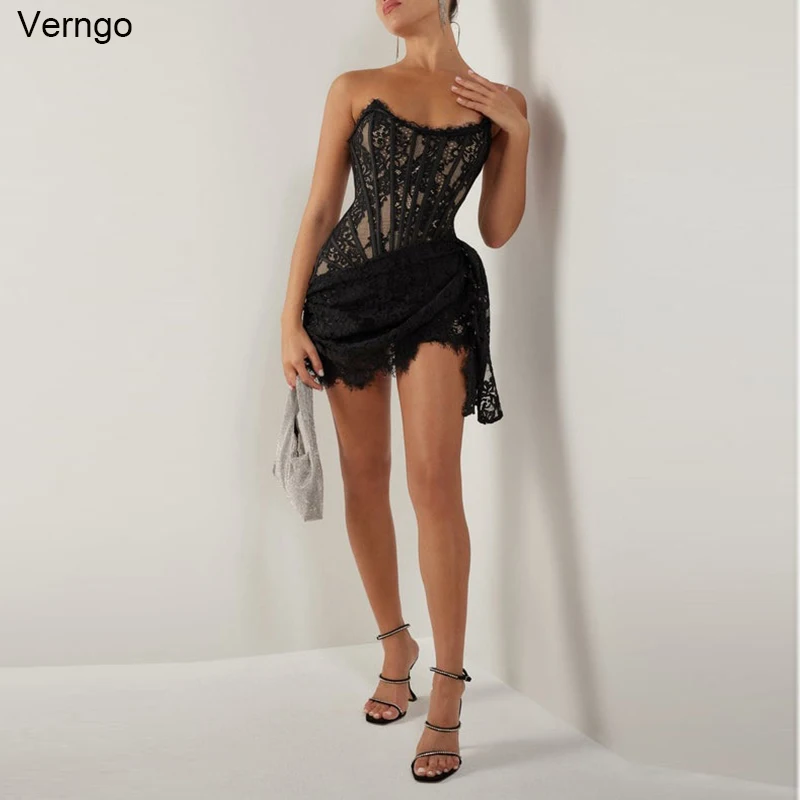 

Verngo Mermaid Short Sexy Prom Dresses Strapless Sleeveless Evening Party Gowns Black Lace 2023 Mini Girl Birthday Party Dress
