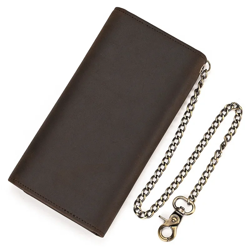 Retro Men's Leather Wallet with Triple Fold Design and Iron Chain