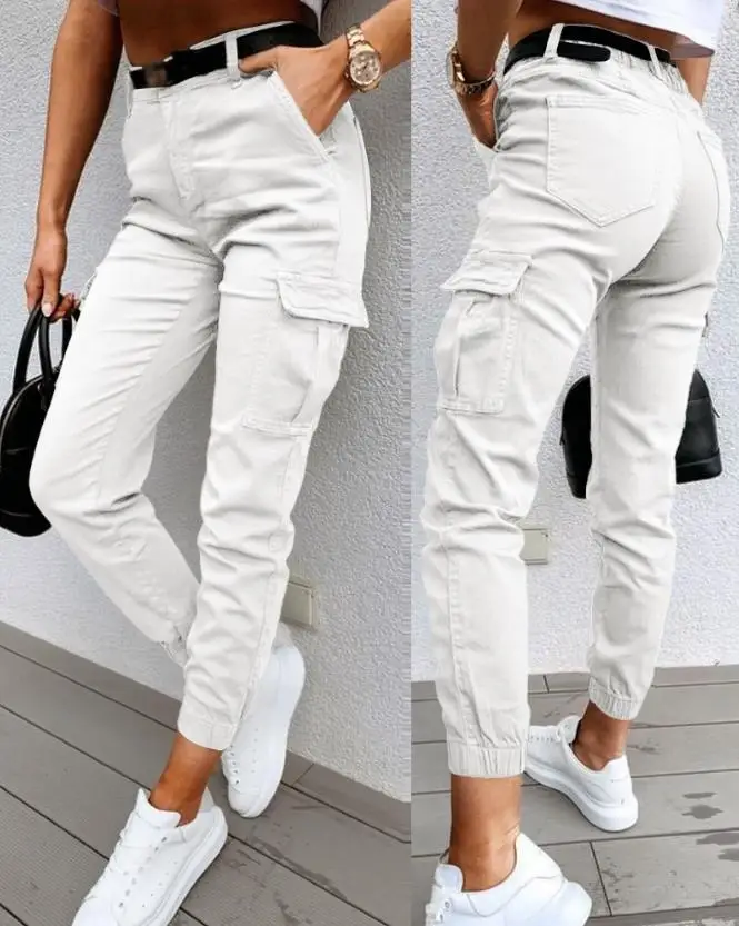 Women's Summer Pants Are Fashionable Simple Casual with A High Waisted Solid Color Pocket Design High Waisted Shoulder Straps