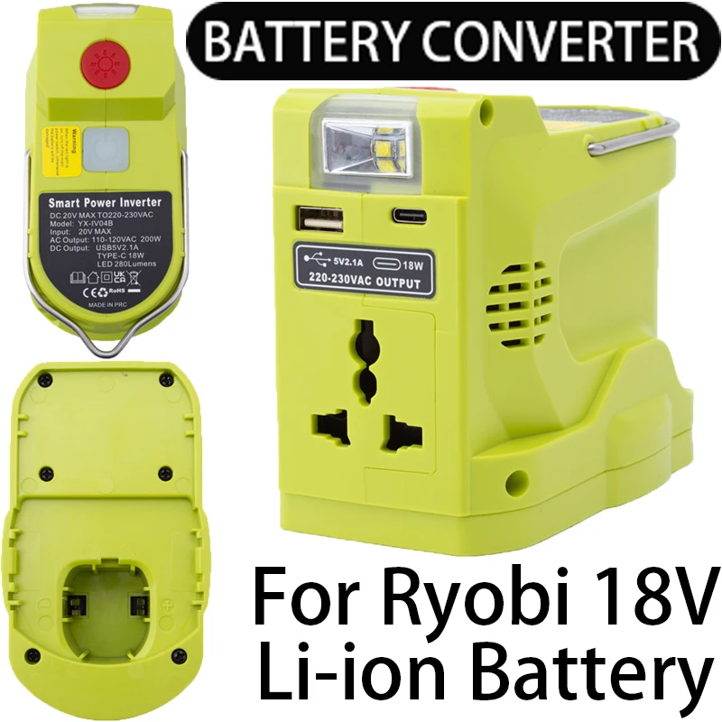 200W Tool Battery Inverter for Ryobi 18V Li-ion Battery Inverter with LED Light and USB and Type-C Output Interface