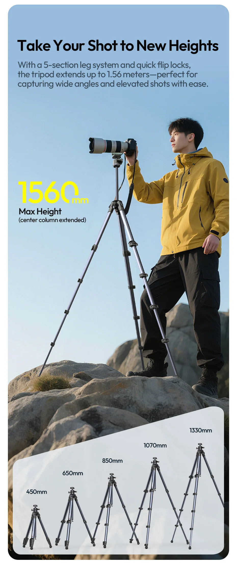 Travel Tripod Portable Metal Tripod 0.48-1.56M UKA QR Plate Tripod for Camera Sm