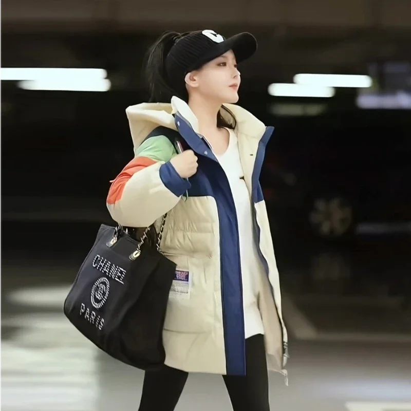 

2023 Winter New Mid Length Women's Down Coat Hood Thickened Contrast Loose Warm Fashion Women's Snow Coat Women's Jacket
