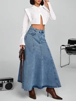 Women's denim long half skirt, with large A-shaped loose pleated design, stylish and elegant slanted pocket, nostalgic washed bl - Image 5