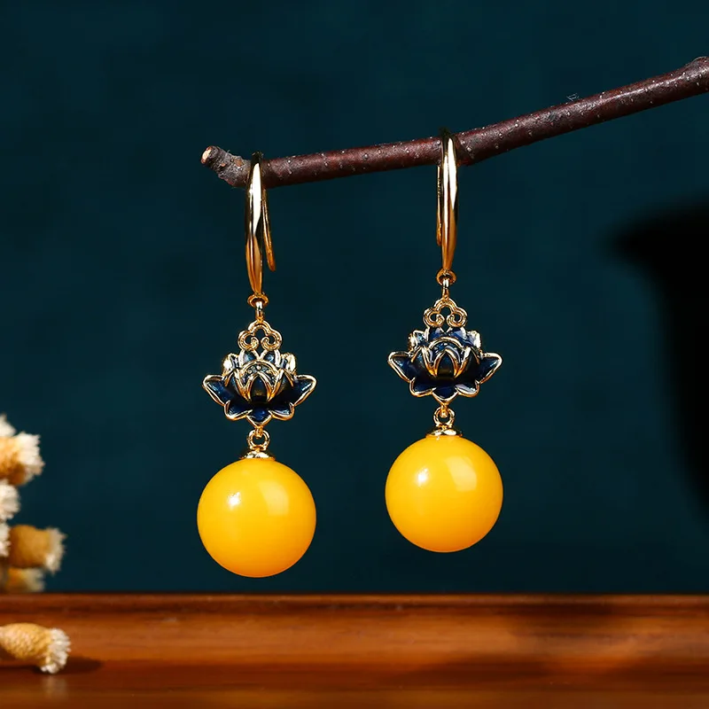 

Small crowd design China-Chic Palace Blue Lotus Pony Dress Accessories Amber Earrings Female