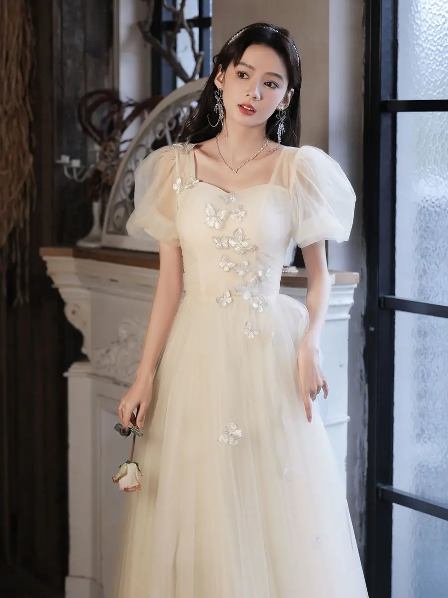 

Женское вечернее платье с пышными рукавами RONGKUN, платье цвета шампанского с квадратным вырезом, платье для банкетов, ежегодных собраний, выступлений, осень 2024