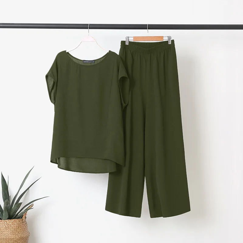Loose Pants Set For Women Comfortable Loose Short Sleeve O-Neck Blouse + Long Wide Leg Pants 2 Pieces Set Casual Summer Outifits