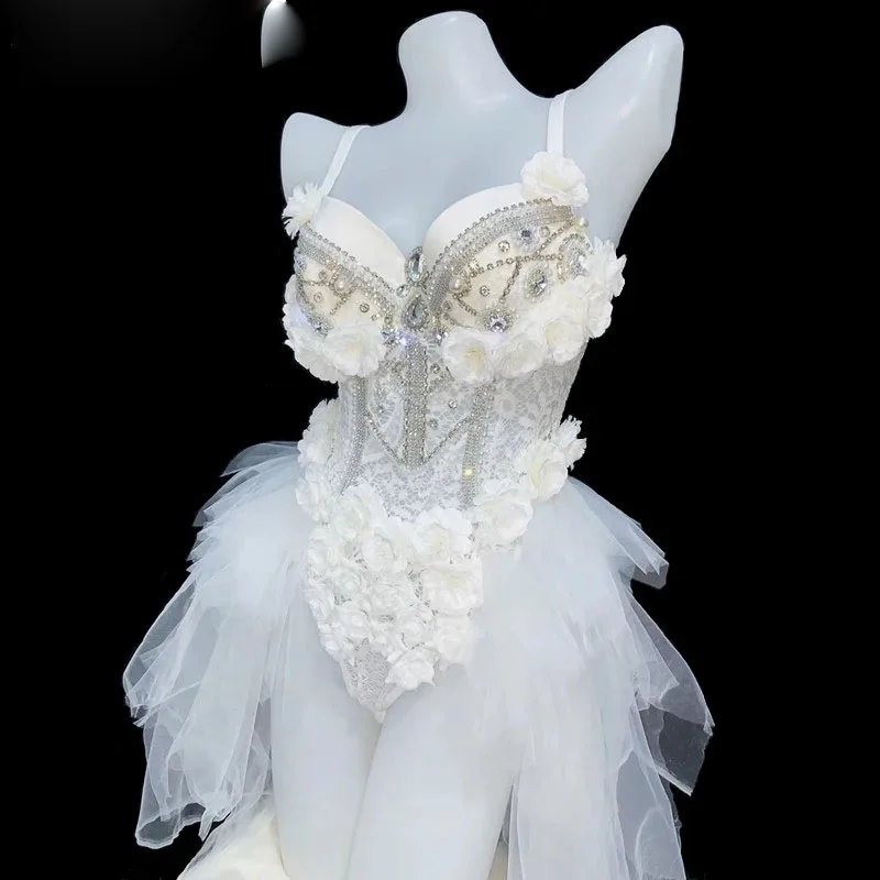 

Singer Luxury Show Sparkly Rhinestones Black White Lace Flowers Bodysuit Nightclub DJ LED Dance Costume Stage Outfits